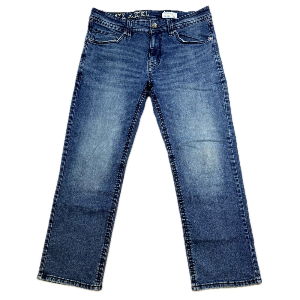 TK Axel Mens Slim Bootcut Jeans Medium Wash Blue Denim 34x30 Y2K Western Cowboy